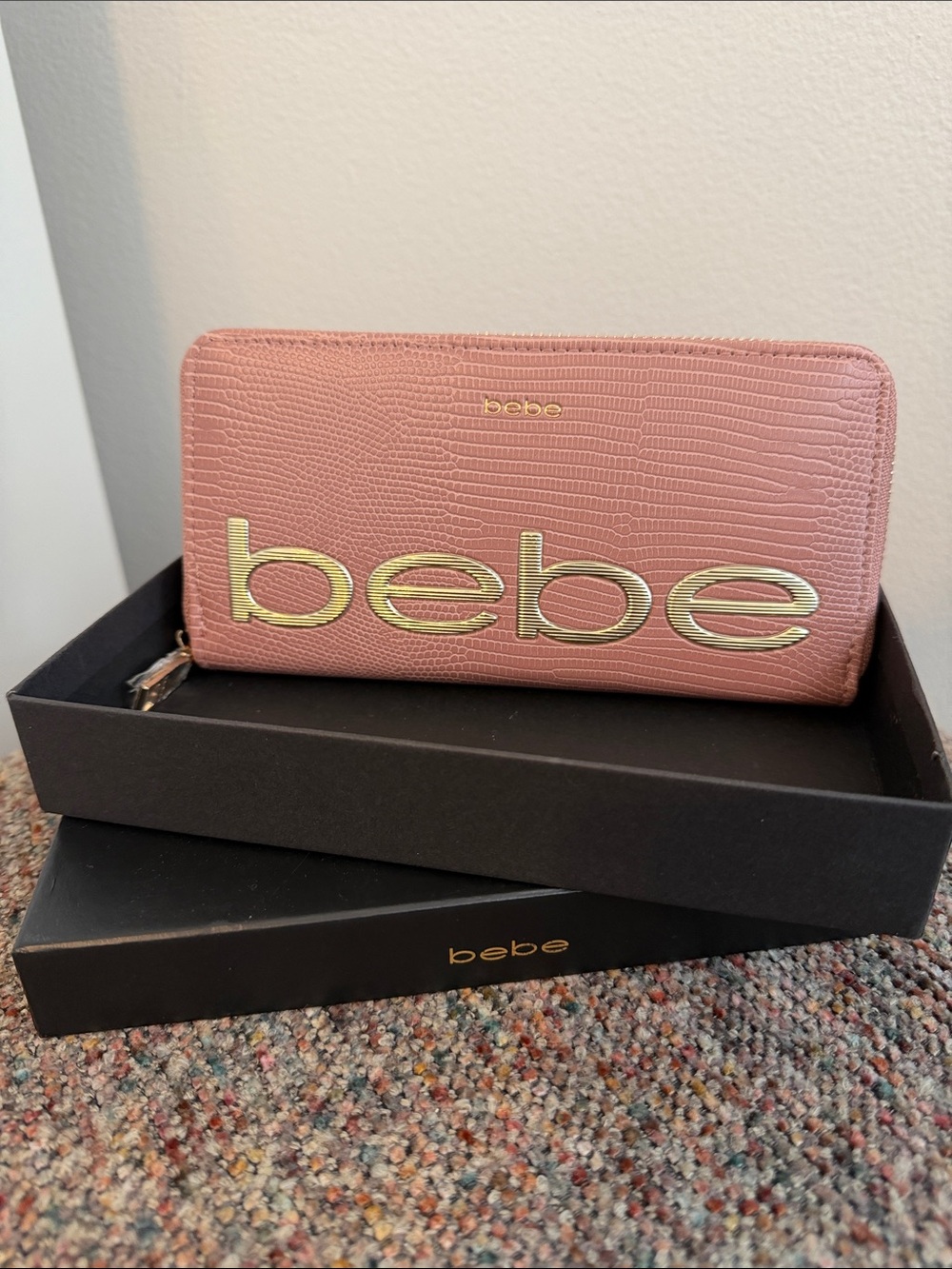bebe dusty rose embossed full-zip wallet
